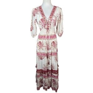 Me 2 Magic Anthropologie Womens Pink Floral Metallic Smocked Waist Maxi Dress M